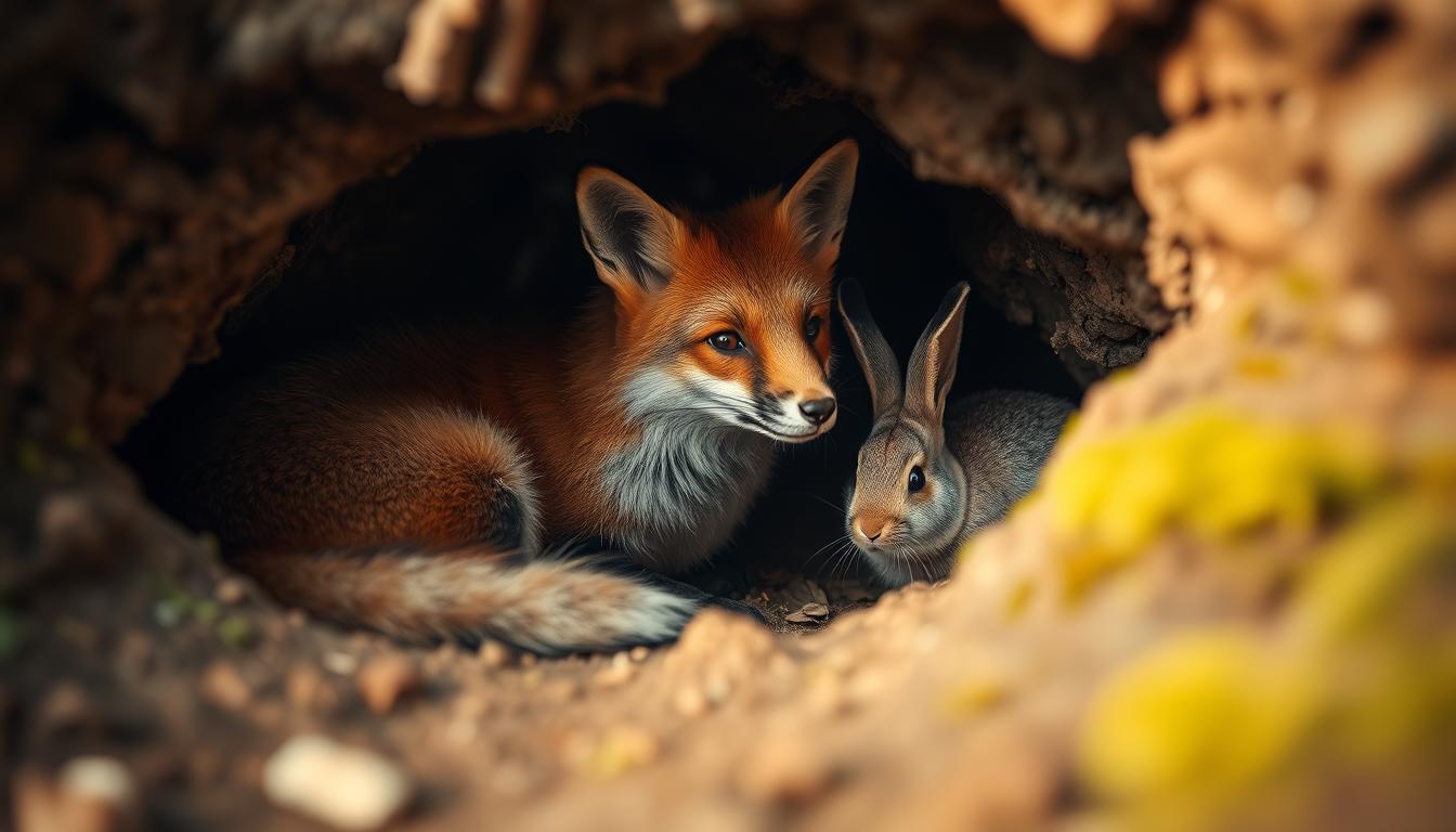 fuchs und kaninchen in einem bau