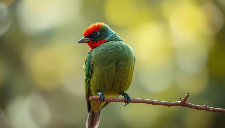 grüner vogel mit rotem kopf