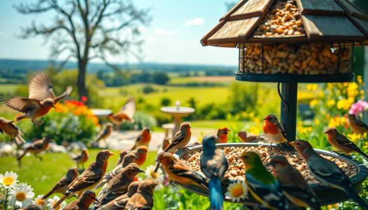 nachbar füttert vögel im sommer